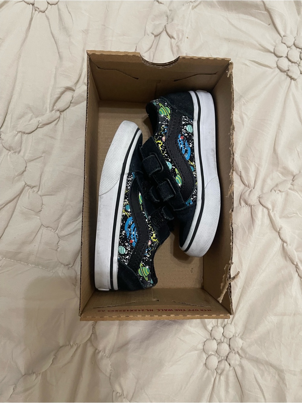 Vans Kids Black Velcro Sneakers with Blue & Green Space Print (Toddler 7)